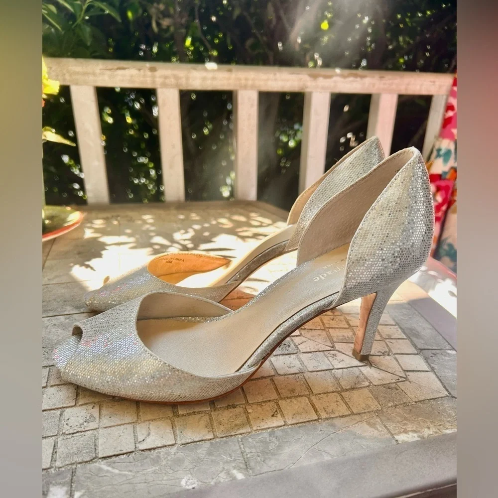 Kate Spade elegant peep toe pumps silver sparkly sz 10 euc,1A